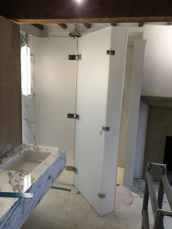 Bespoke frosted glass shower enclosure in West Ealing luxury bathroom